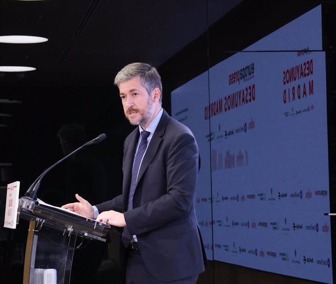 El consejero de Presidencia, Justicia y Administración Local de la Comunidad de Madrid, Miguel Ángel García Martín, interviene durante un Desayuno Madrid, en el Auditorio Meeting Place de Castellana