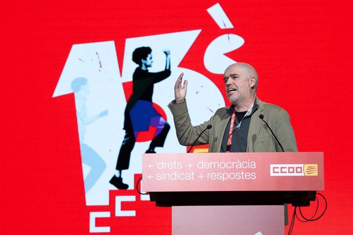 Intervención del secretario general de CCOO, Unai Sordo, durante el 13 Congreso de CCOO de Catalunya, a 11 de abril de 2025, en Barcelona, Catalunya (España). Durante la jornada de ayer, aprobaron el Informe de gestión con un 99,2 % de apoyo de los delega