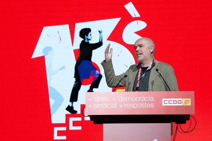 Intervención del secretario general de CCOO, Unai Sordo, durante el 13 Congreso de CCOO de Catalunya, a 11 de abril de 2025, en Barcelona, Catalunya (España).