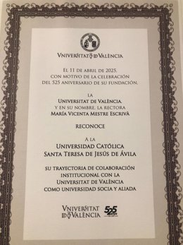 La Universidad de Valencia reconoce a la UCAV por su colaboración institucional.