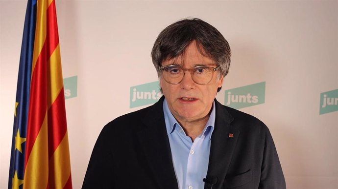 El expresidente de la Generalitat y presidente de Junts, Carles Puigdemont, durante una intervención