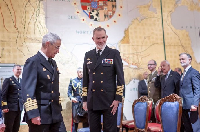 El Rey Felipe VI durante la inauguración de la exposición temporal ‘ANNUS MIRABILIS. Salvador de Bahía, 1625: El crédito de España’, en el Museo Naval, a 11 de abril de 2025, en Madrid (España).