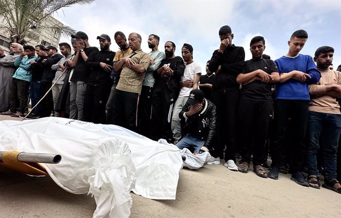 April 9, 2025, Khan Yunis, Gaza Strip, Palestinian Territory: A funeral ceremony is held in front of Nasser Hospital for the Palestinians who lost their lives in the Israeli army attack on the tents of displaced Palestinians in Al-Mawasi area in Khan Yuni