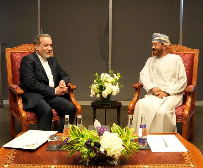 April 12, 2025, Muscat, Oman: Iranian Foreign Minister ABBAS ARAGHCHI (L) meets with his Omani counterpart, BADR BIN HAMAD AL BUSAIDI (R), before engaging in negotiations with U.S. Middle East envoy Steve Witkoff in Muscat, Oman. High-ranking officials fr