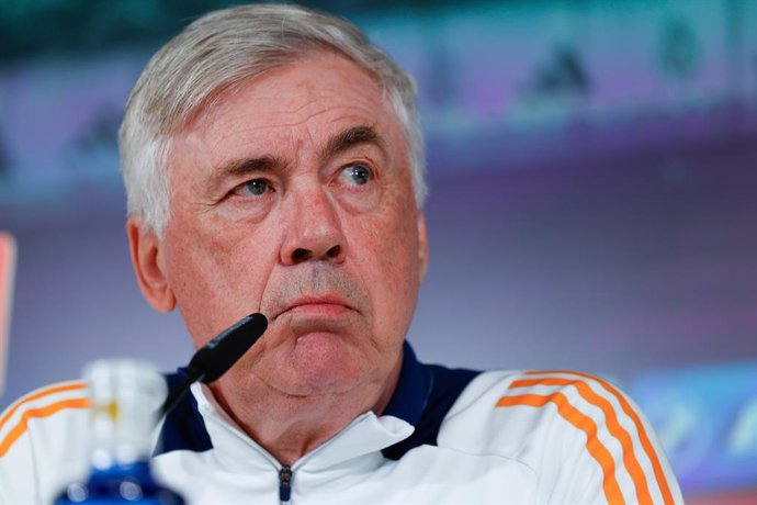 Carlo Ancelotti attends his press conference during the training day of Real Madrid ahead the Spanish Cup, Copa del Rey, football match against Real Sociedad at Ciudad Deportiva Real Madrid on March 31, 2025, in Valdebebas, Madrid, Spain.