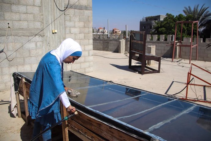 Archivo - Arquivo - 3 de setembro de 2024, Khan Yunis, Faixa de Gaza, Palestina: A engenheira agrícola palestina Enas Al-Ghoul trabalha no telhado de sua casa nos dispositivos "fogão solar" e "dessalinização da água do mar" na cidade de Khan Yunis, no sul