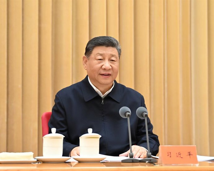 BEIJING, April 9, 2025  -- Chinese President Xi Jinping, also general secretary of the Communist Party of China Central Committee and chairman of the Central Military Commission, delivers an important speech at a central conference on work related to neig