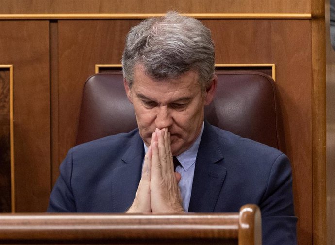 El presidente del PP, Alberto Núñez Feijóo, durante una sesión de control al Gobierno, en el Congreso de los Diputados, a 26 de marzo de 2025, en Madrid (España). 