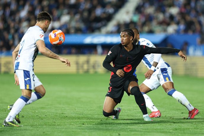 Alejandro Balde of FC Barcelona and Valentin Rosier of CD Leganes looks on during the Spanish League, LaLiga EA Sports, football match played between CD Leganes and FC Barcelona at Butarque stadium on April 12, 2025, in Leganes, Madrid, Spain.