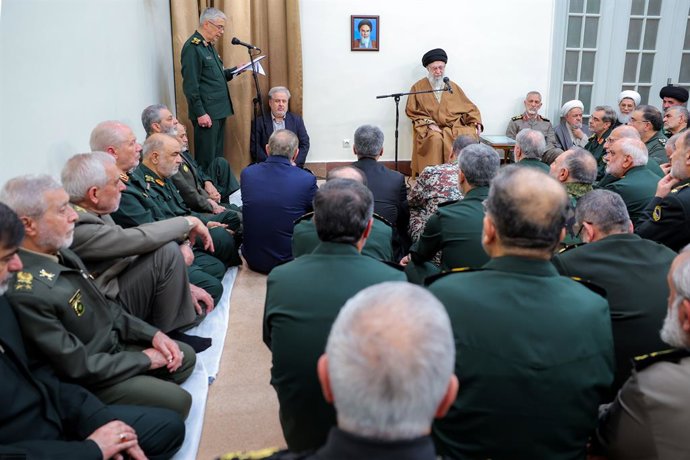 April 13, 2025, Tehran, Iran: Chief of the General Staff of Iran's Armed Forces, General MOHAMMAD HOSSEIN BAGHERI (C-L), speaks during a meeting of Iranian Supreme Leader Ayatollah ALI KHAMENEI (C-R) and the Islamic Republic of Iran's Armed Forces command