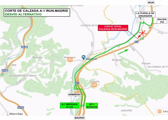 Mapa del corte de tráfico en la A-1 entre Burgos y Álava