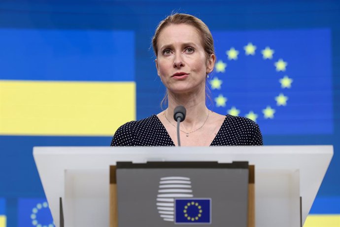 HANDOUT - 09 April 2025, Belgium, Brussels: EU High Representative for Foreign Affairs Kaja Kallas speaks during a press conference with Ukraine's Prime Minister Denys Shmyhal and European Commissioner for Enlargement Marta Kos after the EU-Ukraine Associ