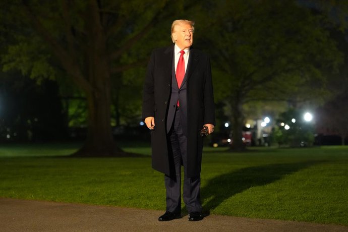 April 13, 2025, Washington, District of Columbia, USA: President DONALD TRUMP arrives at the White House on Sunday, April 13, 2025. The President will meet with the leaders of El Salvador and Italy this week.