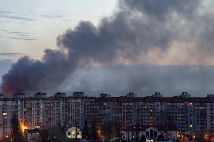 April 12, 2025, Kyiv, Kyiv City, Ukraine: Smoke rising after Russian drone attack with Shahed drones on Ukraine's capital Kyiv.