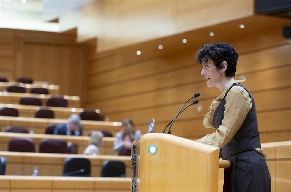 La ministra de Inclusión, Seguridad Social y Migraciones, Elma Saiz, interviene durante una sesión de control en el Senado, a 8 de abril de 2025, en Madrid (España). Entre otros asuntos, el Gobierno se ha enfrentado a las preguntas del Partido Popular q