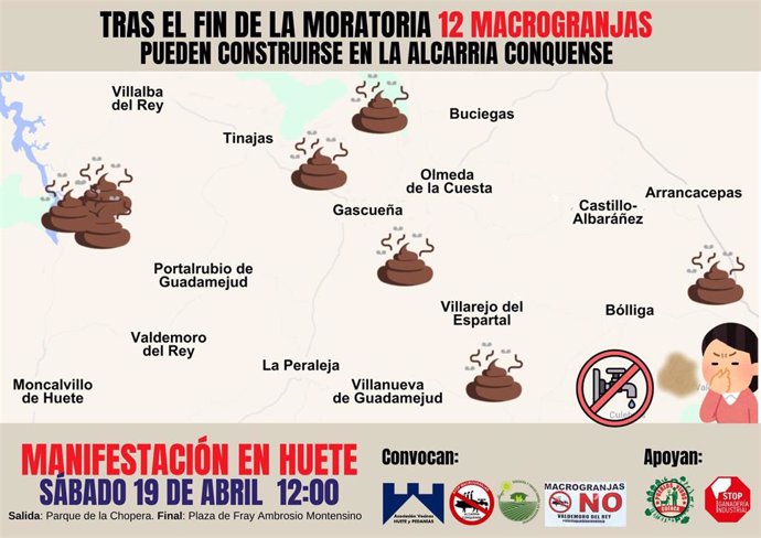 Cartel de la manifestación organizada por Pueblos Vivos Cuenc en contra de la instalación de macrogranjas.