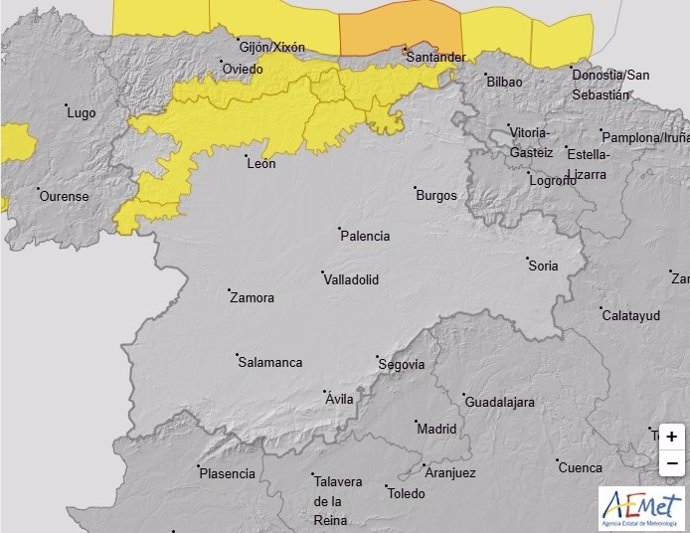 Mapa de aviso por nevadas en León, Palencia y Zamora.