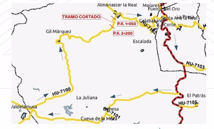 Inafografía con el tramo de carretera que se cortará en la HU-7100.