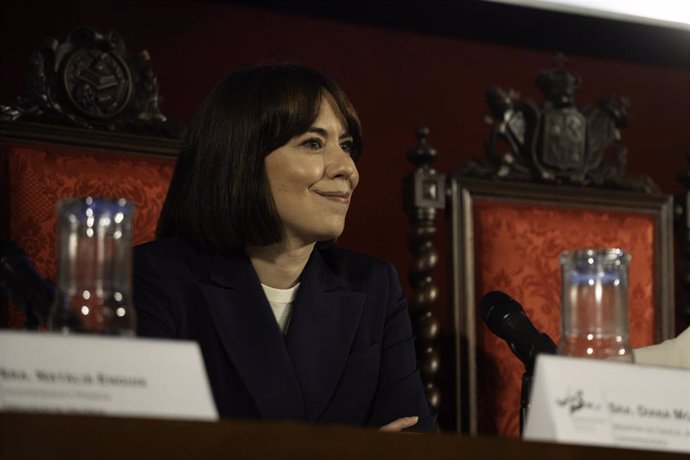 La ministra de Ciencia, Innovación y Universidades, Diana Morant, durante un acto conmemorativo por el 525º Aniversario de la Universitat de València, en el Paraninfo de la Universitat de València, a 14 de abril de 2025, en Valencia