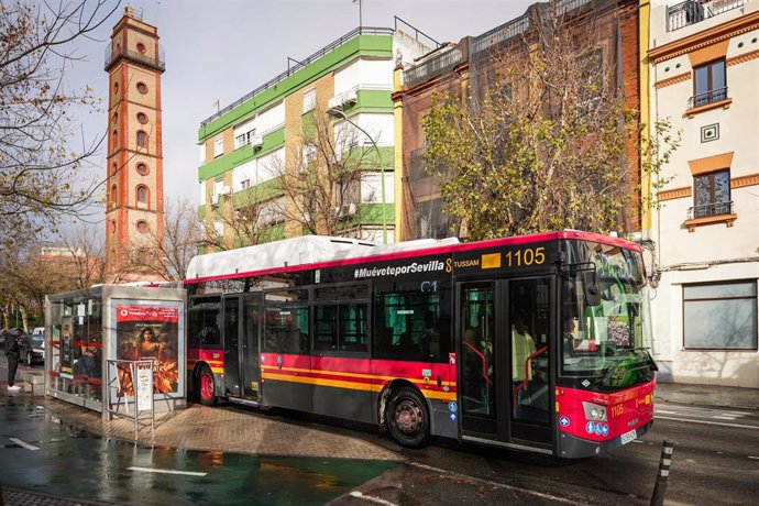 Archivo - Autobús de Tussam circulando por el centro de la ciudad. 