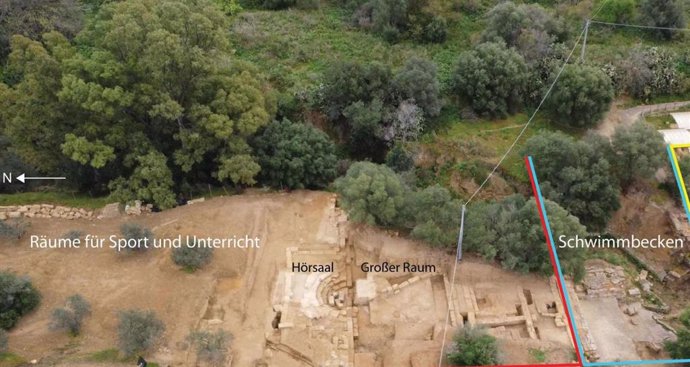 Fotografia de drone do ginásio descoberto durante as escavações em Agrigento.