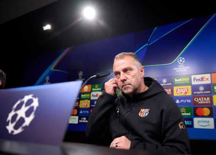 Barcelona Coach Hansi Flick attends a press conference, ahead of Tuesday's UEFA Champions League quarter-final second leg soccer match against Borussia Dortmund