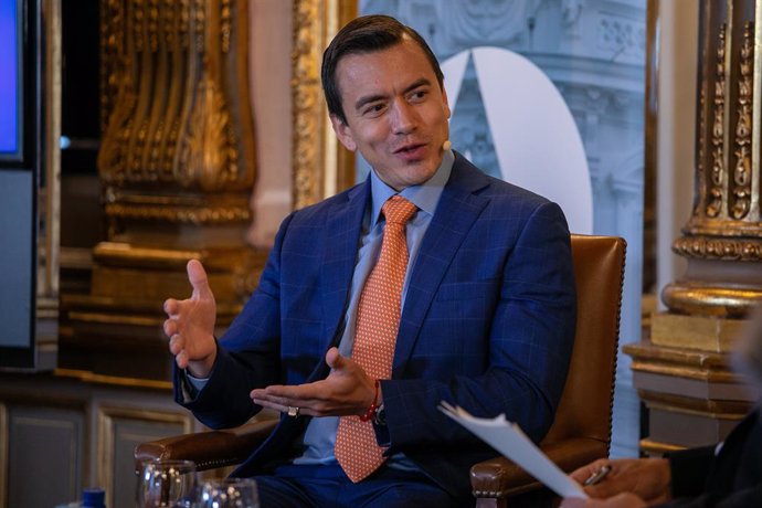 Archivo - May 17, 2024, Madrid, Spain: Daniel Noboa president of Ecuador speaks during an interview. Daniel Noboa, president of Ecuador, participated in a gathering organized by the EFE agency and Casa América during his visit to Spain. The president of E