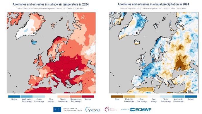 Anomalias e extremos anuais de temperatura do ar na superfície em 2024 (esquerda) Anomalias e extremos anuais de precipitação em 2024 (direita).