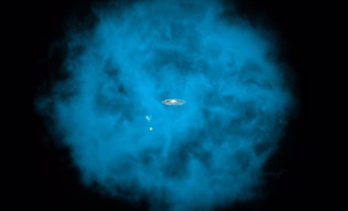 Impressão artística do halo de gás hidrogênio quente que envolve a Via Láctea (centro) e duas galáxias satélites, a Grande e a Pequena Nuvem de Magalhães.