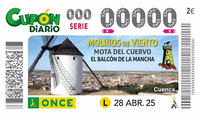 Los Molinos de viento de Mota del Cuervo, 'El balcón de La Mancha' se muestran en el cupón de la ONCE En el sorteo del 28 de abril