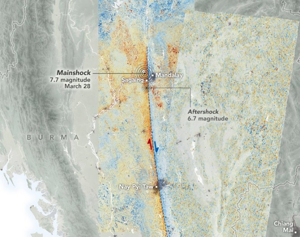 Desplazamientos de terreno norte-sur tras los terremotos de Myanmar del 28 de marzo