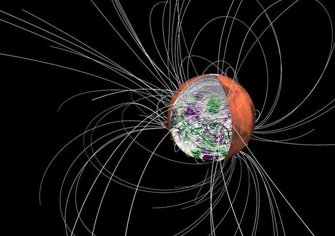 Simulación por computadora de un campo magnético unilateral en el Marte primitivo basada en datos de un estudio dirigido por el Instituto de Geofísica de la Universidad de Texas.