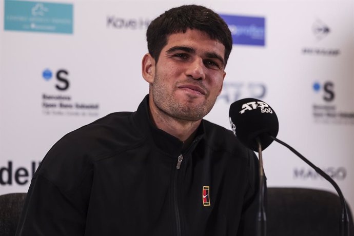 Carlos Alcaraz of Spain attends his press conference during the of the Barcelona Open Banc Sabadell - Conde Godo 2025 Day 2 at Real Club De Tenis Barcelona on April 15, 2025 in Barcelona, Spain.