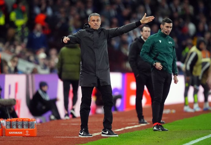 15 April 2025, United Kingdom, Birmingham: Paris Saint-Germain manager Luis Enrique gestures on the touchline during the UEFA Champions League quarter-final second leg soccer match between Aston Villa and Paris Saint-Germain at Villa Park. Photo: David Da