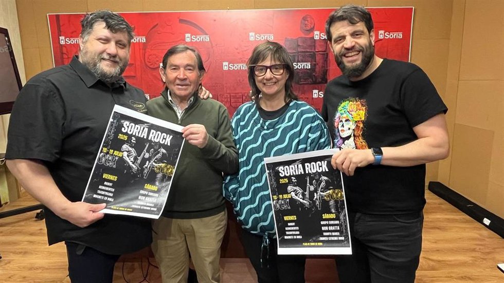 De izda a dcha, Ricardo Martínez, Jesús Pastor, Gloria Gonzalo y Sergio Izquierdo presentan Soria Rock 2025.