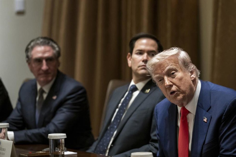 April 10, 2025, Washington, Dc, United States: U.S President Donald Trump, right, speaks during a cabinet meeting at the Cabinet Room of the White House, April 10, 2025 in Washington, D.C. 