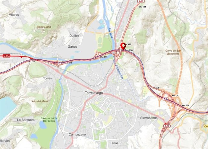 Zona de afección al tráfico por las obras en el túnel de Torrelavega en la A-8