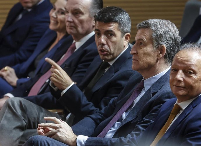 Archivo - El presidente del PP, Alberto Núñez Feijóo, y el presidente de la Comunidad Valenciana, Carlos Mazón, durante un encuentro empresarial, en la sede de la CEV, a 20 de enero de 2025, en Valencia, Comunidad Valenciana (España).