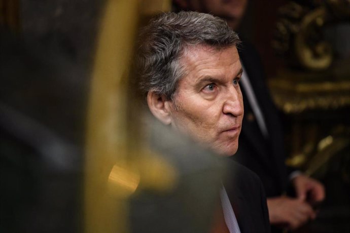 El presidente del Partido Popular, Alberto Núñez Feijóo, durante una sesión plenaria en el Congreso de los Diputados, a 10 de abril de 2025, en Madrid (España)