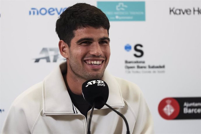 El tenista español Carlos Alcaraz en rueda de prensa en el Barcelona Open Banc Sabadell-72º Trofeo Conde de Godó