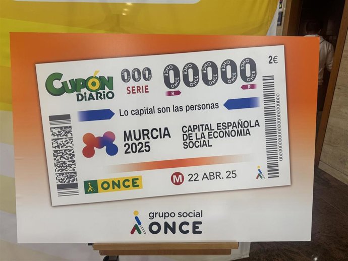 Imagen del cupón de la ONCE dedicado a Murcia Capital Española de la Economía Social 2025