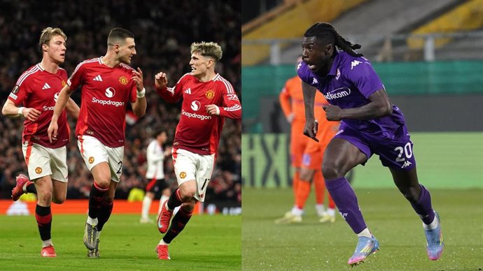 Los jugadores del Manchester United Diego Dalot, Christian Eriksen y Alejandro Garnacho celebran un gol en Old Trafford, y Moise Kean, con la Fiorentina.