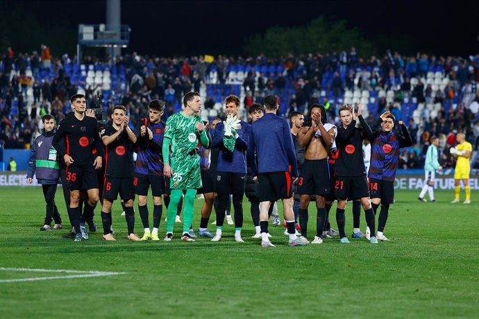 Players of FC Barcelona celebrate the victory during the Spanish League, LaLiga EA Sports, football match played between CD Leganes and FC Barcelona at Butarque stadium on April 12, 2025, in Leganes, Madrid, Spain.