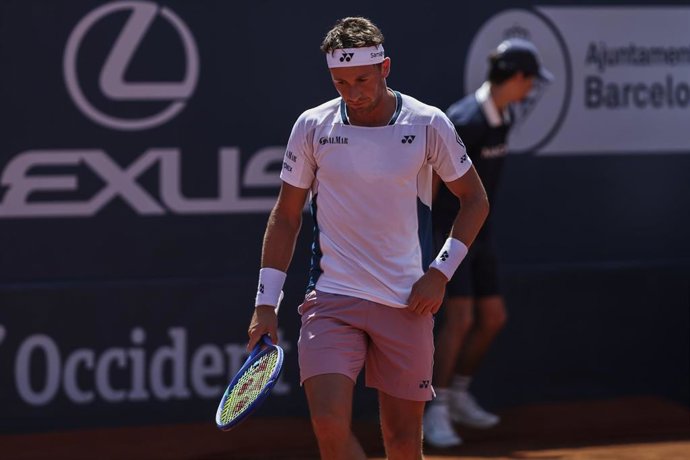 Casper Ruud of Norway in actions against Holger Rune of Denmark during the quarter final tennis match of the Barcelona Open Banc Sabadell - Conde Godo 2025 Day 5 at Real Club De Tenis Barcelona on April 18, 2025 in Barcelona, Spain.