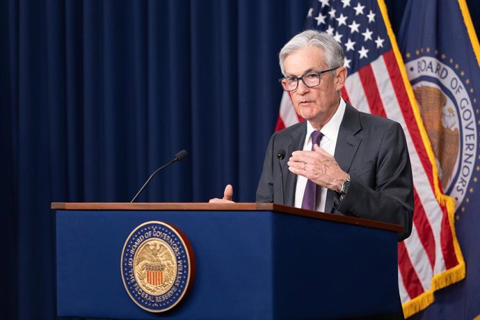 WASHINGTON, 19 de março de 2025 -- O Presidente do Federal Reserve dos EUA, Jerome Powell, participa de uma coletiva de imprensa em Washington, D.C., Estados Unidos, em 19 de março de 2025. Na quarta-feira, o Federal Reserve dos EUA manteve inalterada a m