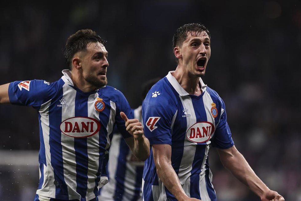Marash Kumbulla of RCD Espanyol celebrates a goal with Jofre Carreras of RCD Espanyol during the Spanish league, La Liga EA Sports, football match played between RCD Espanyol and Getafe CF at RCDE Stadium on April 18, 2025 in Cornella, Barcelona, Spain.