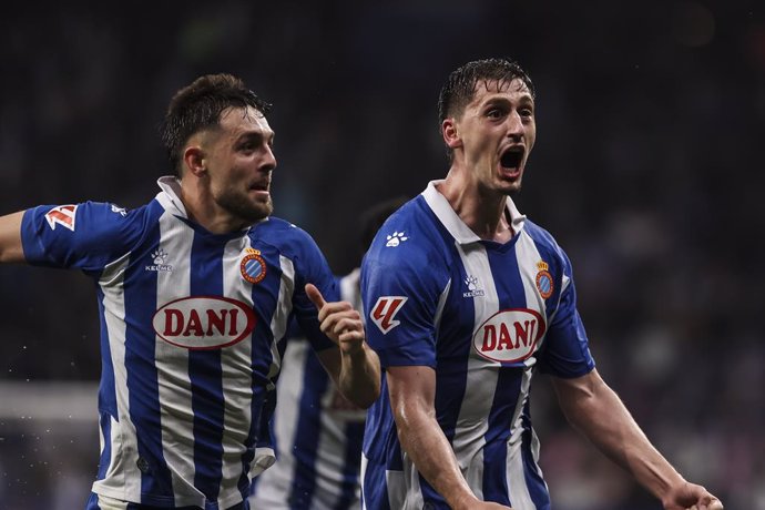 Marash Kumbulla of RCD Espanyol celebrates a goal with Jofre Carreras of RCD Espanyol during the Spanish league, La Liga EA Sports, football match played between RCD Espanyol and Getafe CF at RCDE Stadium on April 18, 2025 in Cornella, Barcelona, Spain.