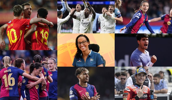 De izquierda a derecha y de arriba abajo: la selección española masculina de fútbol, el Real Madrid, Aitana Bonmatí, Teresa Perales, Carlos Alcaraz, el FC Barcelona femenino, Lamine Yamal y Marc Márquez