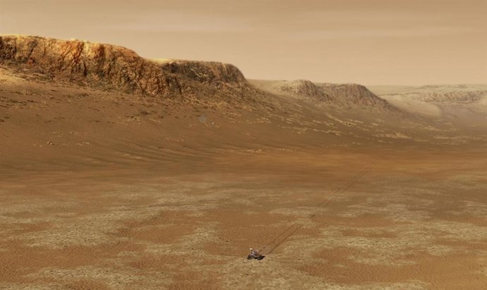 Una ilustración del rover Perseverance de la NASA explorando el interior del cráter Jezero de Marte.
