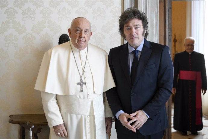 February 12, 2024, Vatican City: Pope Francis receives Argentina's President Javier Milei during an audience at the Vatican, 12 February 2024. .ANSA/ VATICAN MEDIA.  NPK